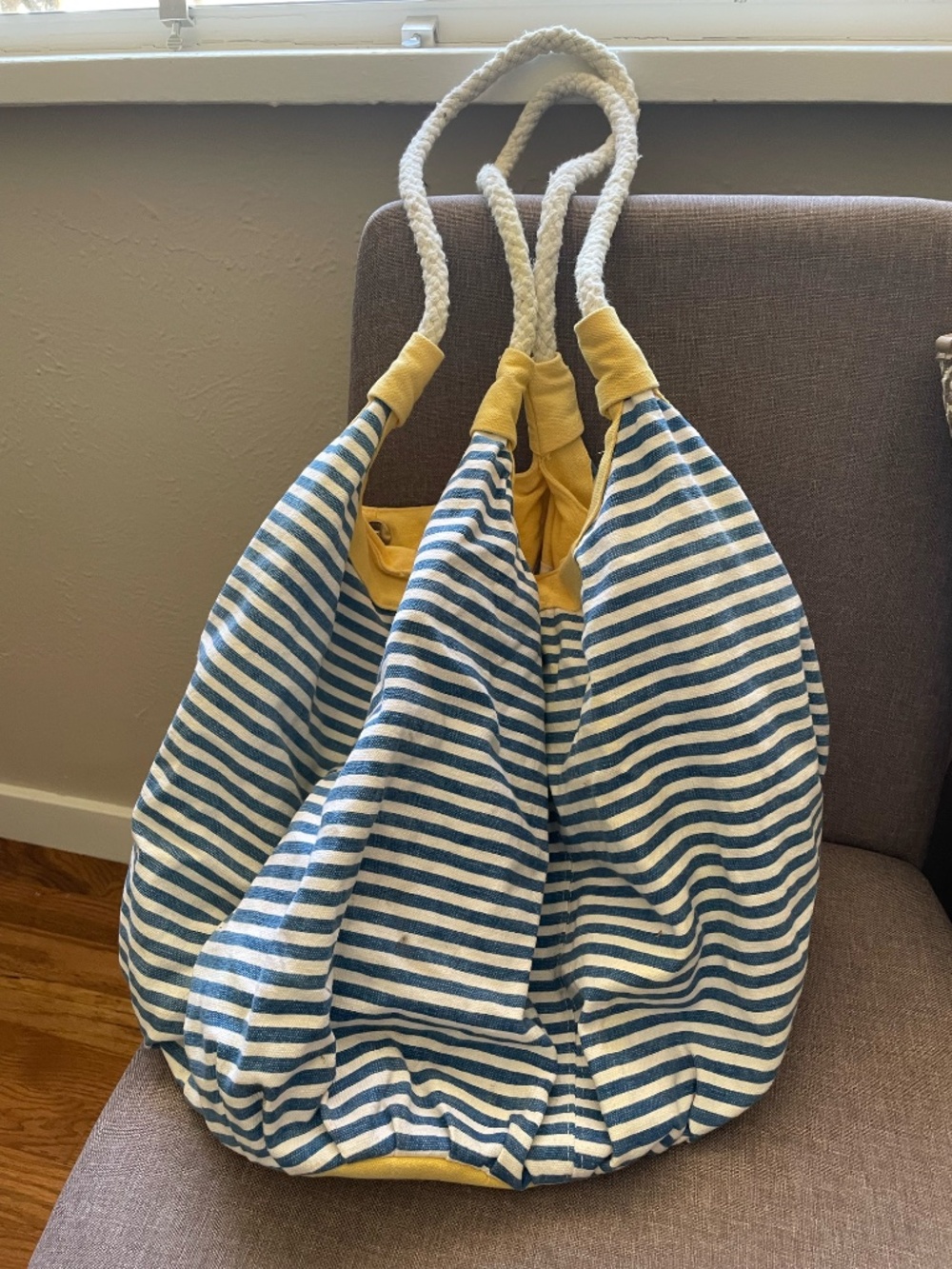 Nautical Blue White Stripe Canvas Beach Tote | Braided Rope Handles | Yellow Tri
